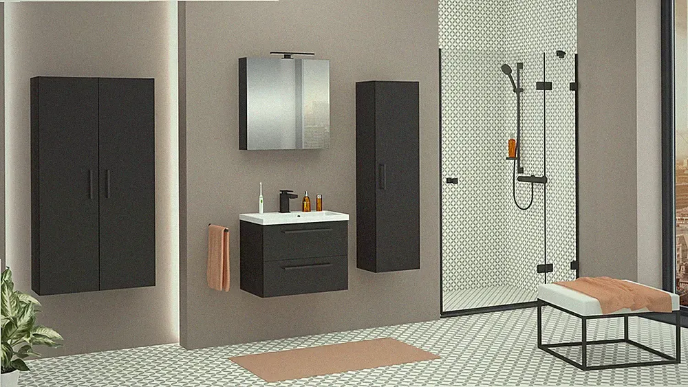 MONTIERT Badmöbel Set mit Waschbecken Keramik NICOLE 60cm SCHWARZ LED SOFTCLOSE