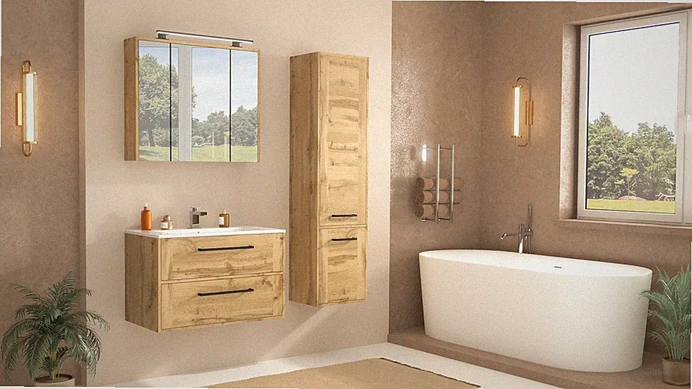 MONTIERT Badmöbel Set mit Waschbecken VIVIEN 80 cm EICHE VOTAN LED SOFT-CLOSE