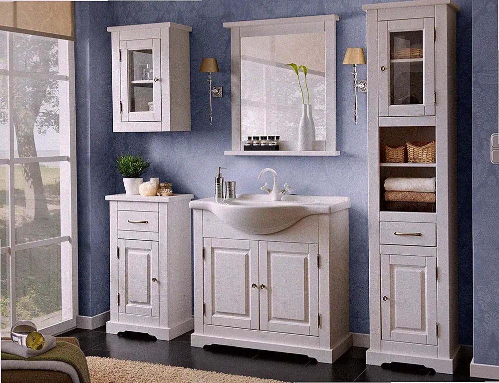 MONTIERT Badmöbel Set ROMANTIK 85 cm mit Waschbecken Keramik MASSIVHOLZ WEISS