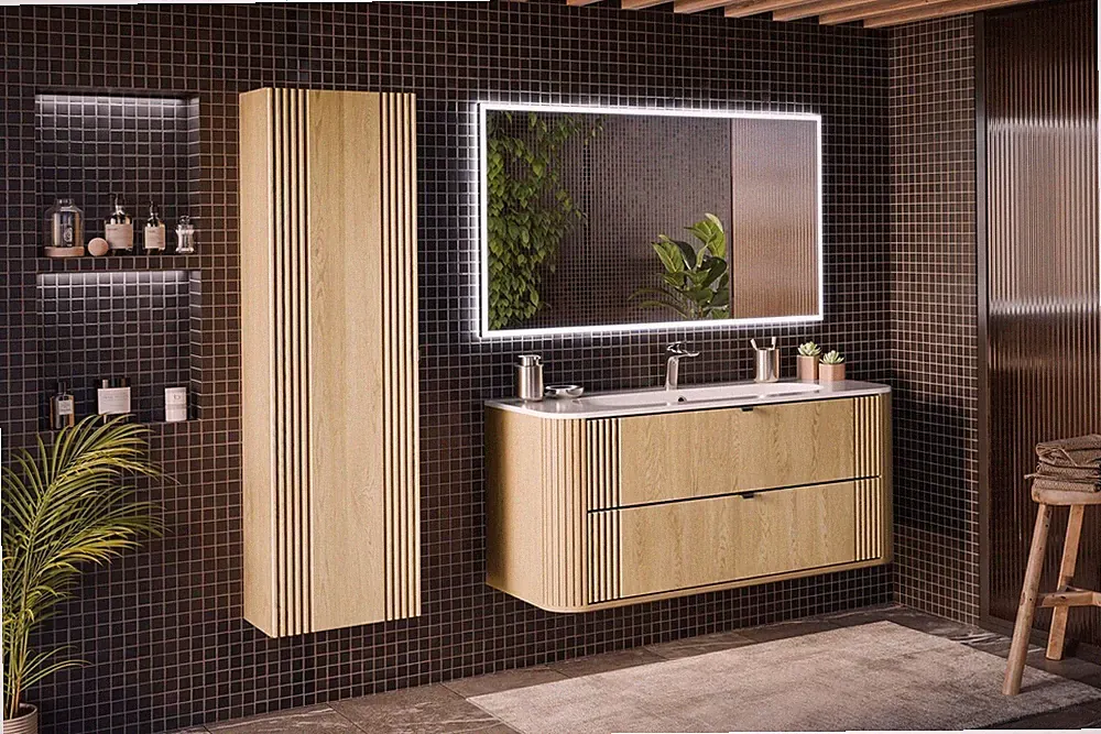 MONTIERT Design Badmöbel Set mit Waschbecken OVALIA CREMONA 120 cm MDF SOFT-CLOS