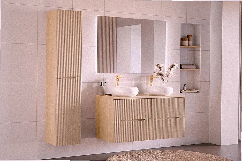 MONTIERT DESIGN Badmöbel Set NORDIC EICHE CREMONA 120 2Waschbecken LED Softclose