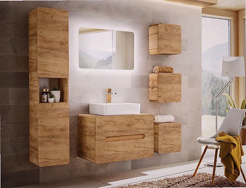 NEU Badmöbel Set ARUBA EICHE-V 80 cm mit Keramikwaschbecken LED SOFT-CLOSE MATT