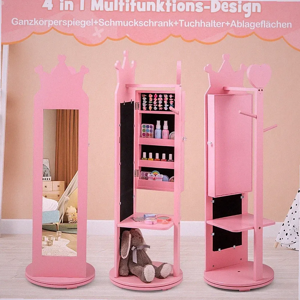 Northix Kinder Schmuckschrank Spiegelschrank 360 drehbar Ganzkoerperspiegel Rosa