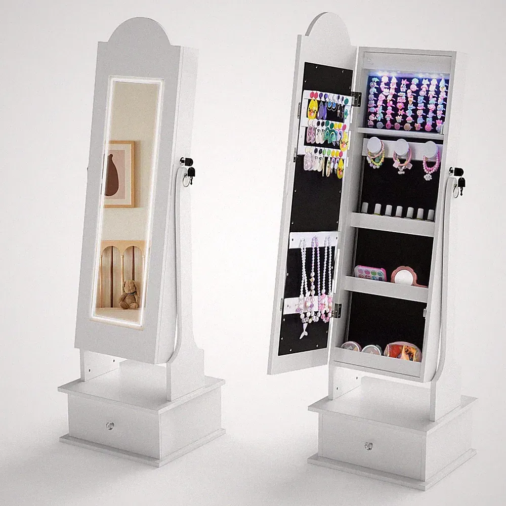 Northix Schmuckschrank fuer Kinder LED Spiegel abschliessbar Weiss Organizer MDF
