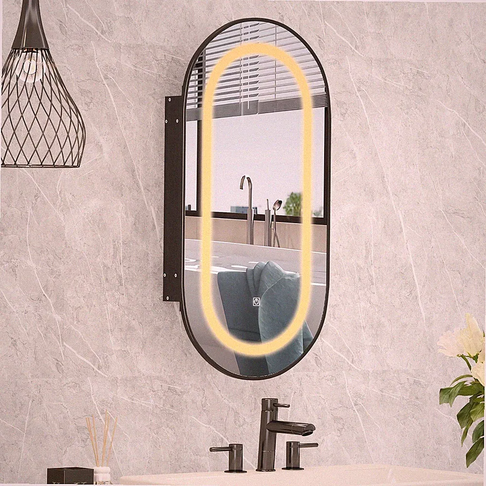 Oval Badezimmer Spiegelschrank Bad mit LED Beleuchtung Dimmbar 80x40 cm, schwarz