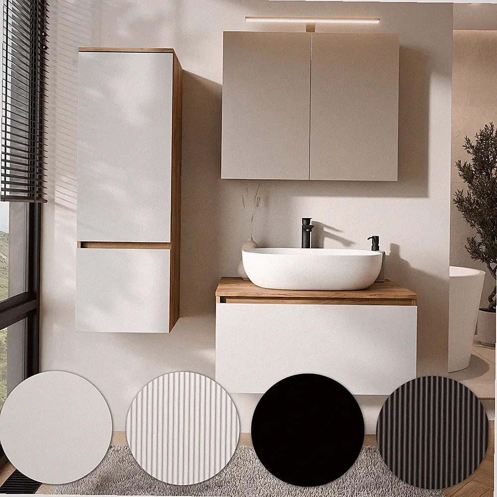 Planetmöbel ARISA Badmöbel Set - Hochschrank, Spiegelschrank ARIA & Waschbecken
