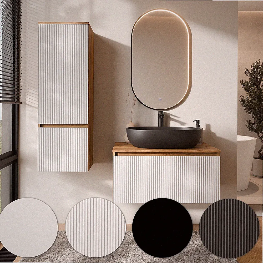 Planetmöbel ARISA Badmöbel Set- mit Hochschrank, LED Spiegel GLORA & Waschbecken
