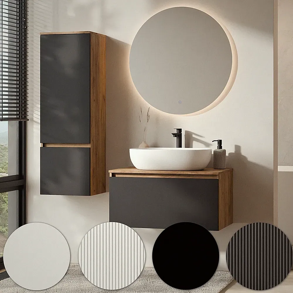 Planetmöbel ARISA Badmöbel Set - mit Hochschrank, LED Spiegel NOVA & Waschbecken