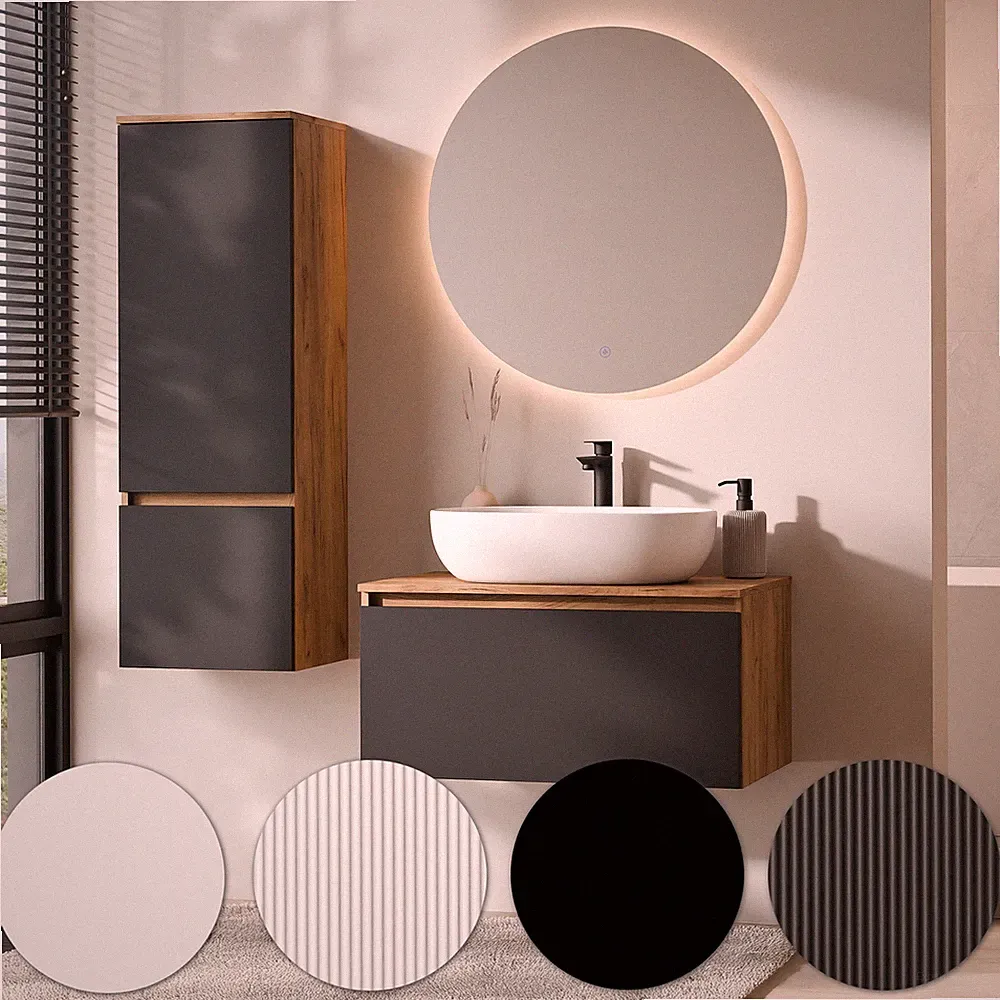 Planetmöbel ARISA Badmöbel Set - mit Hochschrank, LED Spiegel NOVA & Waschbecken