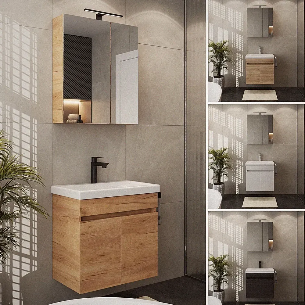 Planetmöbel Badmöbel Set 60 cm LED Spiegelschrank Waschbecken Gäste WC Bad