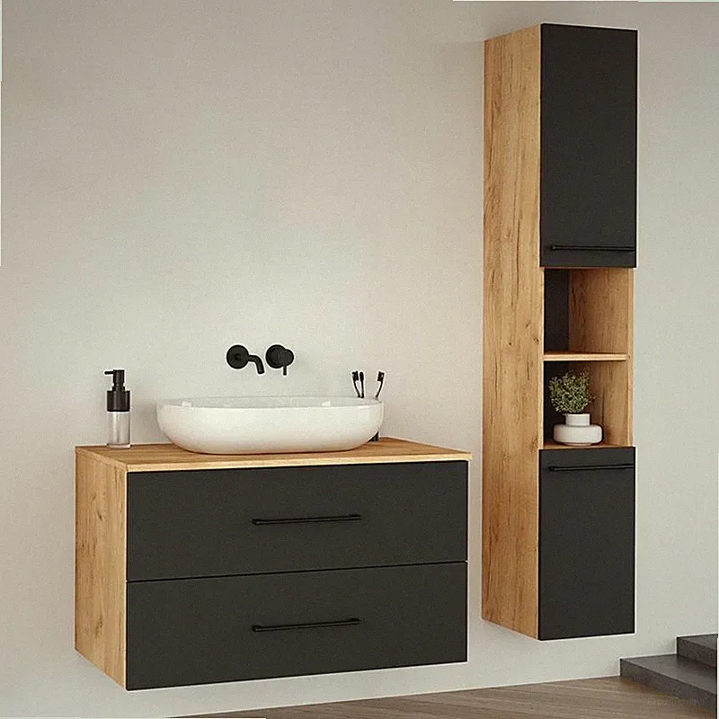 Planetmöbel Badmöbel Set LUX 90 cm mit Aufsatzwaschbecken und Hochschrank