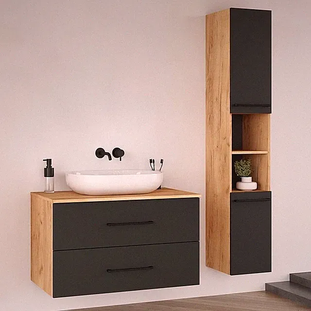 Planetmöbel Badmöbel Set LUX 90 cm mit Aufsatzwaschbecken und Hochschrank