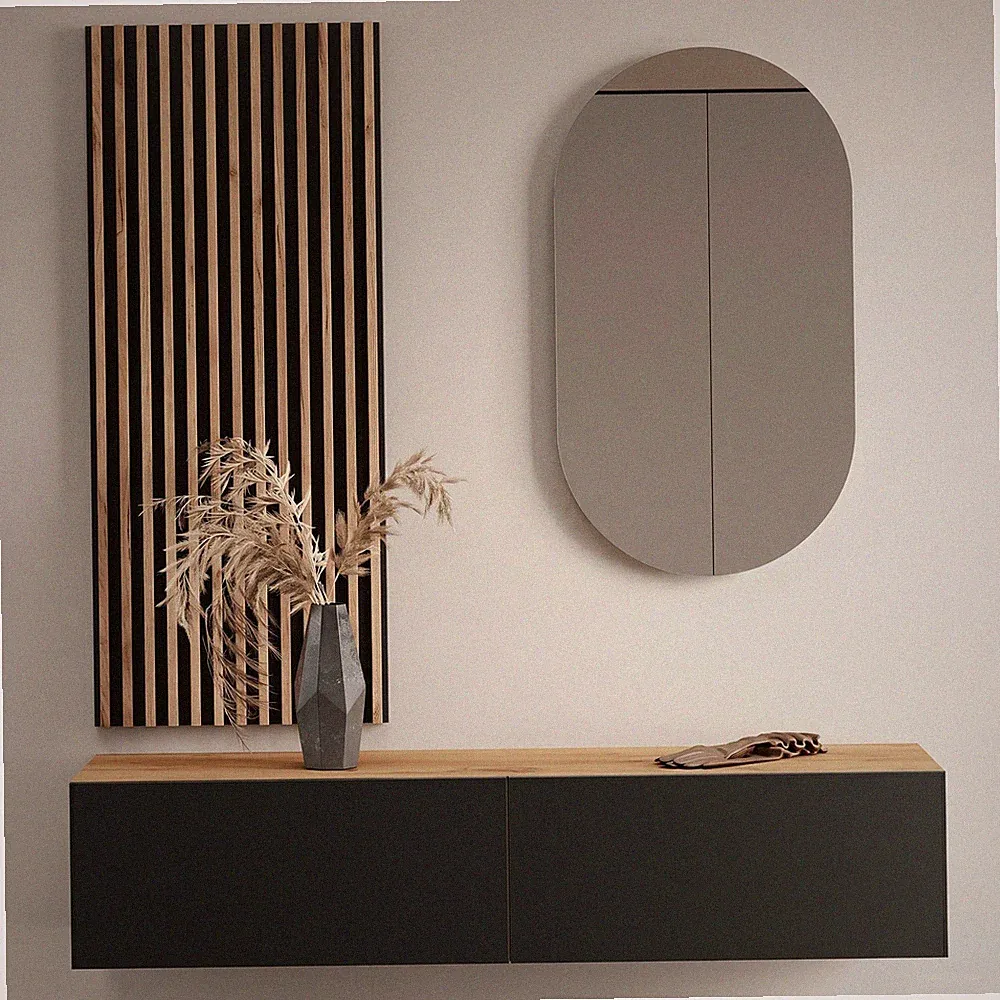 Planetmöbel Garderobenset aus Flurschrank 140 cm, Oval Spiegel und Wandpaneel