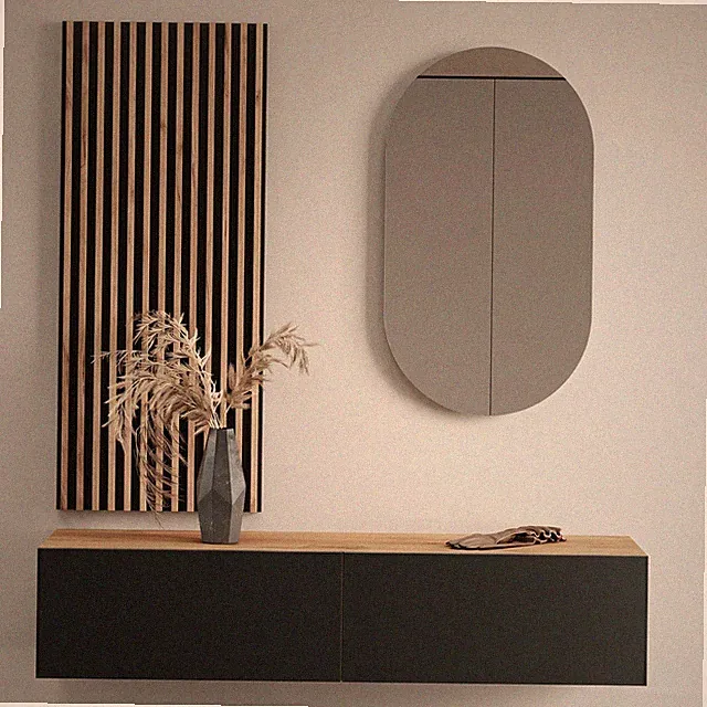 Planetmöbel Garderobenset aus Flurschrank 140 cm, Oval Spiegel und Wandpaneel