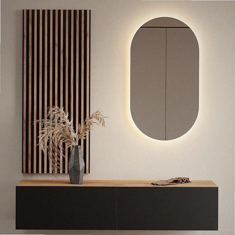 Planetmöbel Garderobenset aus Flurschrank 140 cm, ovaler LED Spiegel & Paneel