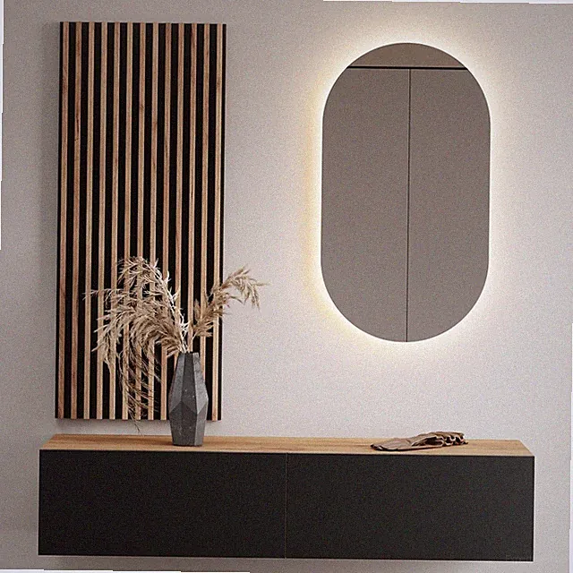 Planetmöbel Garderobenset aus Flurschrank 140 cm, ovaler LED Spiegel & Paneel