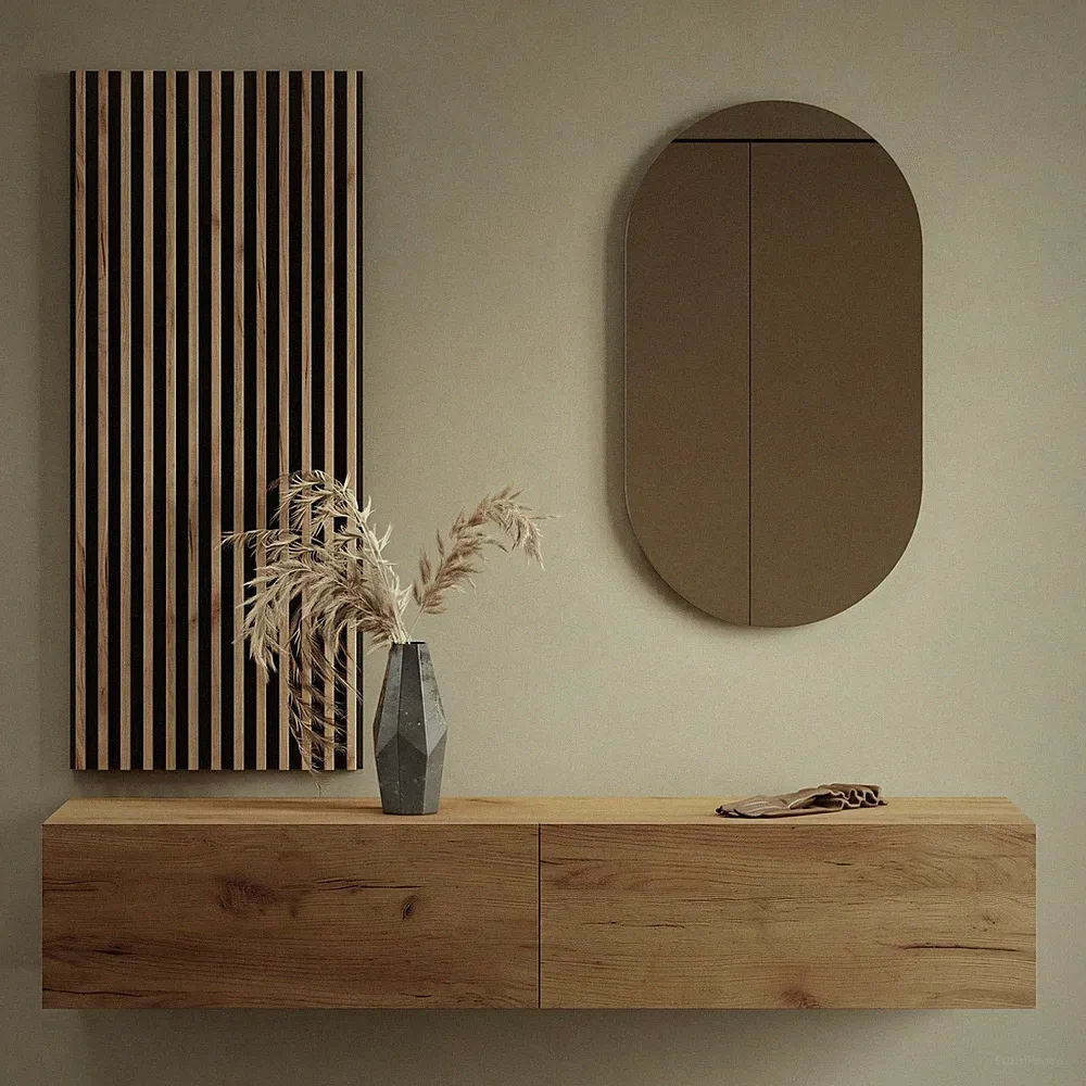 Planetmöbel Garderobenset aus Flurschrank 160 cm, Oval Spiegel und Wandpaneel