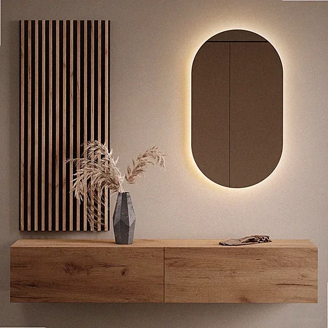 Planetmöbel Garderobenset aus Flurschrank 160 cm, ovaler LED Spiegel & Paneel