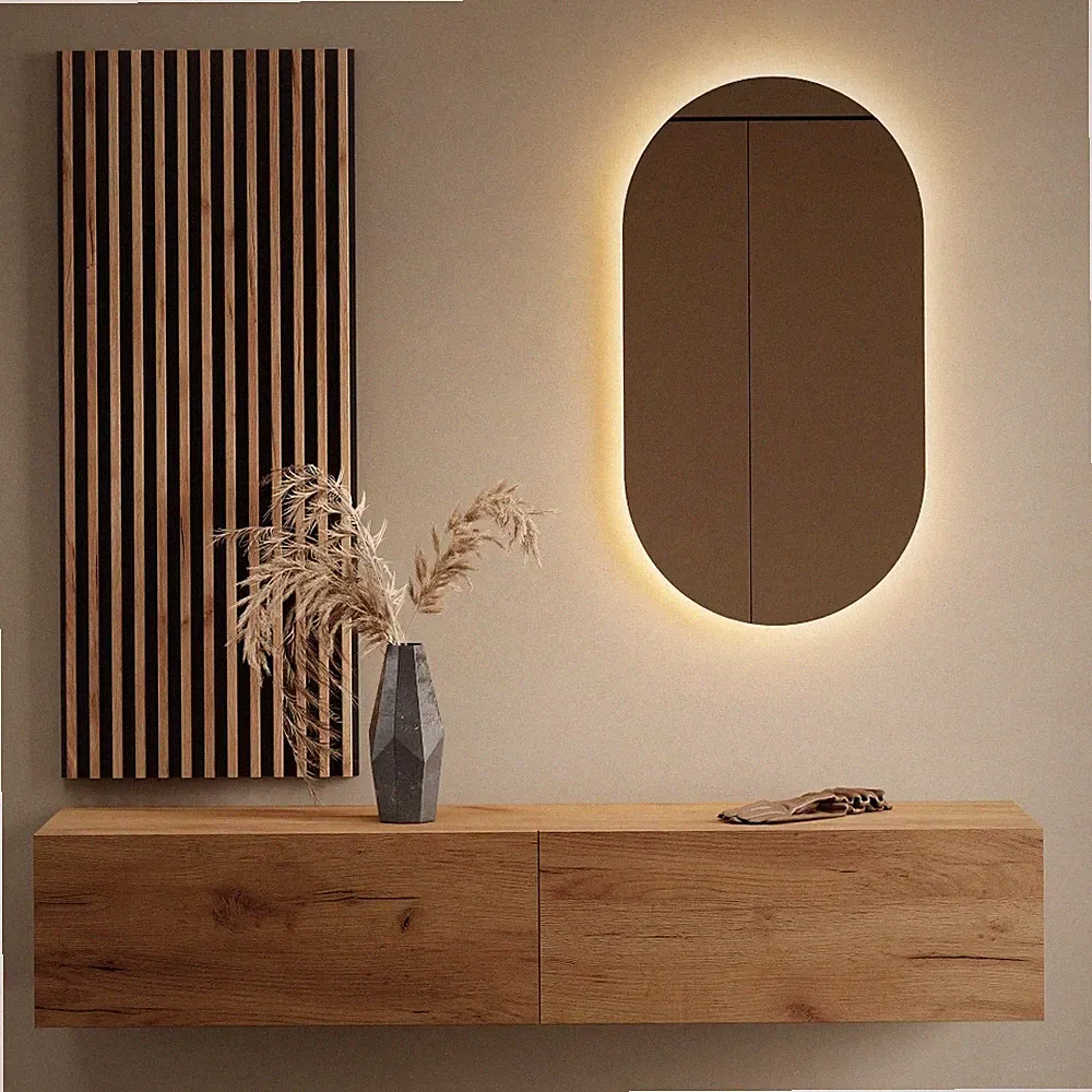 Planetmöbel Garderobenset aus Flurschrank 160 cm, ovaler LED Spiegel & Paneel