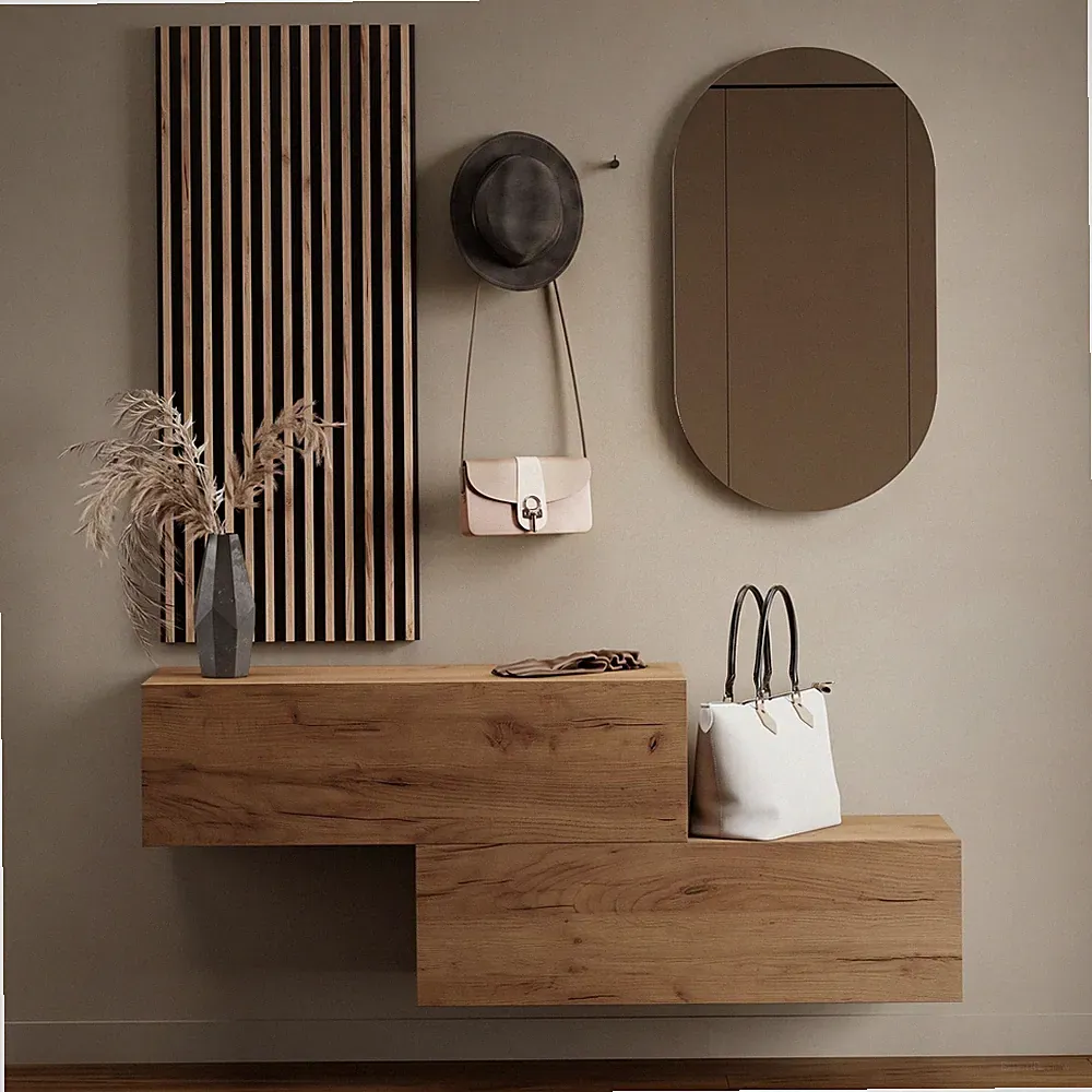 Planetmöbel Garderobenset aus Flurschrank 2x 100 cm, Oval Spiegel und Wandpaneel