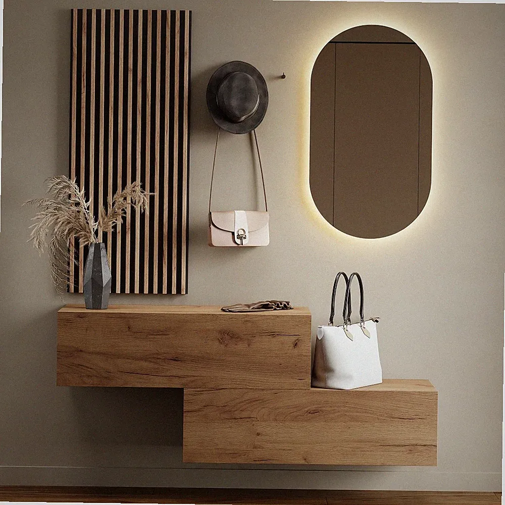 Planetmöbel Garderobenset aus Flurschrank 2x 100 cm, ovaler LED Spiegel & Paneel