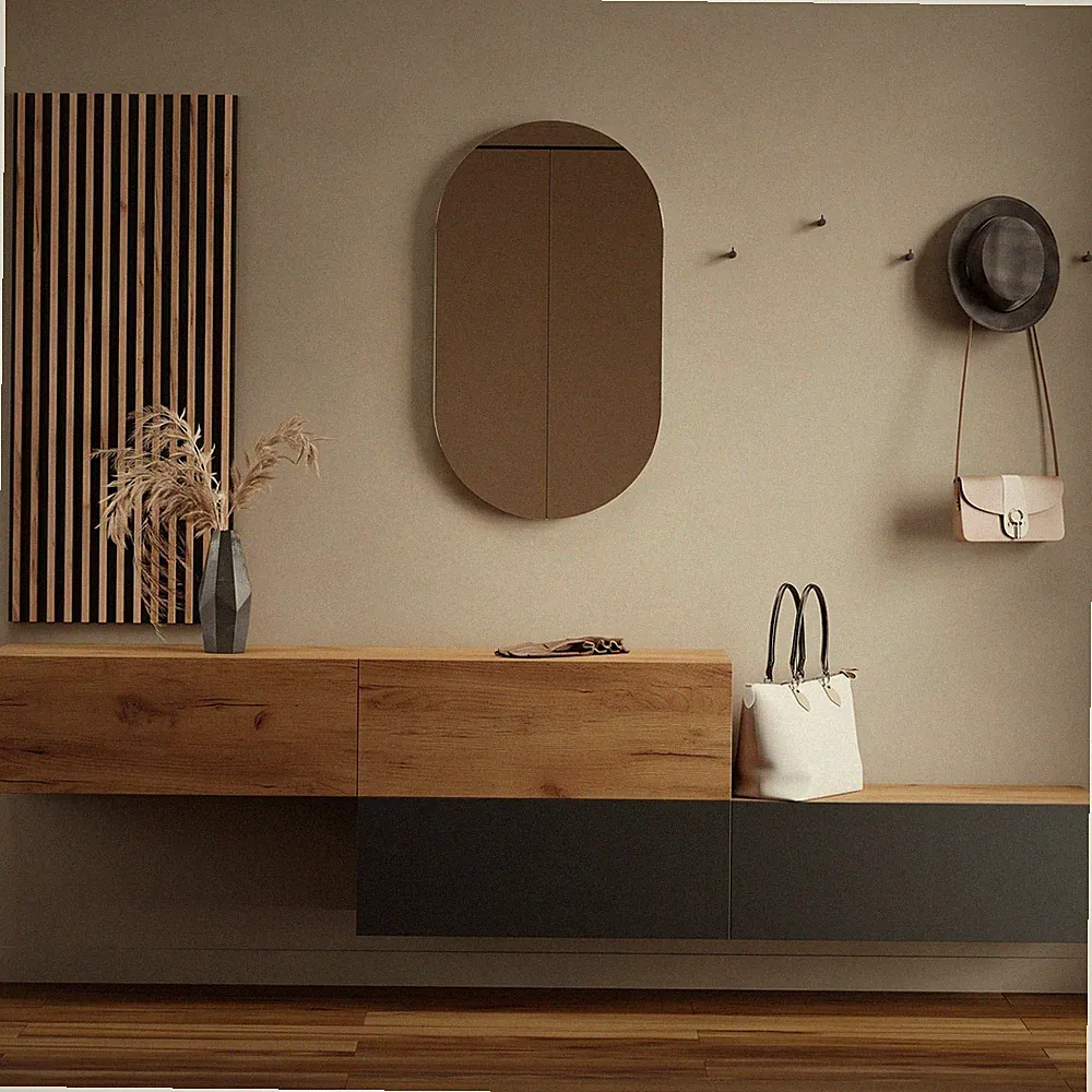 Planetmöbel Garderobenset aus Flurschrank 2x 160 cm, Oval Spiegel und Wandpaneel