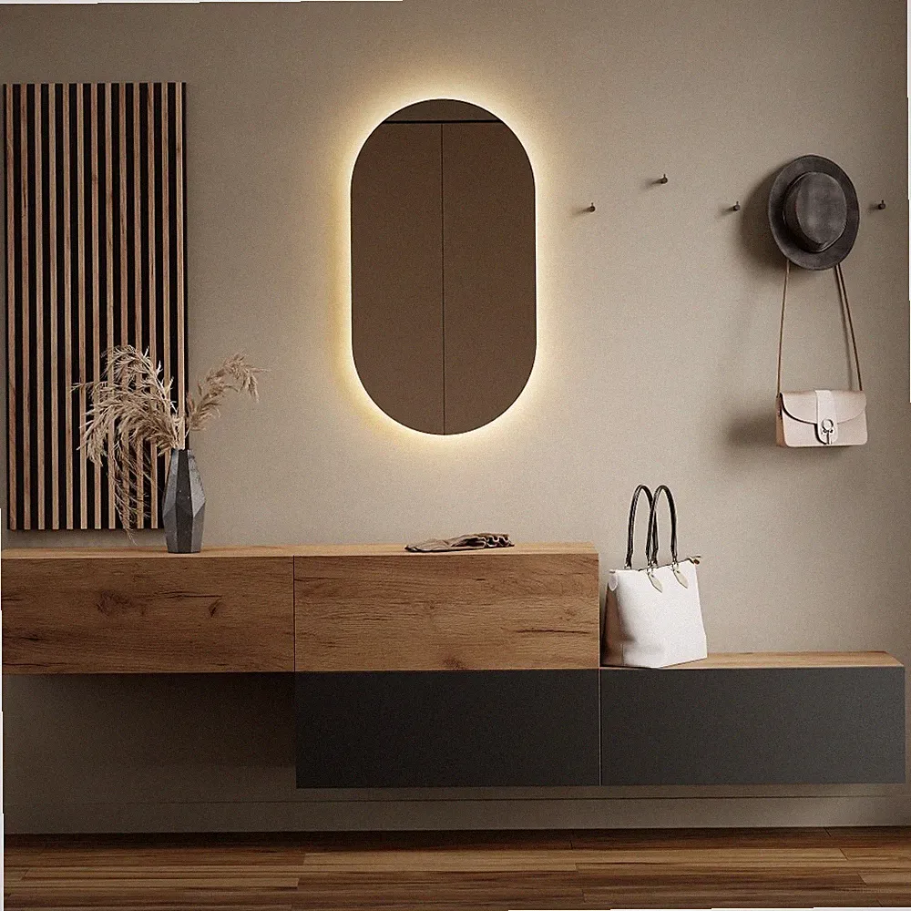 Planetmöbel Garderobenset aus Flurschrank 2x 160 cm, ovaler LED Spiegel & Paneel