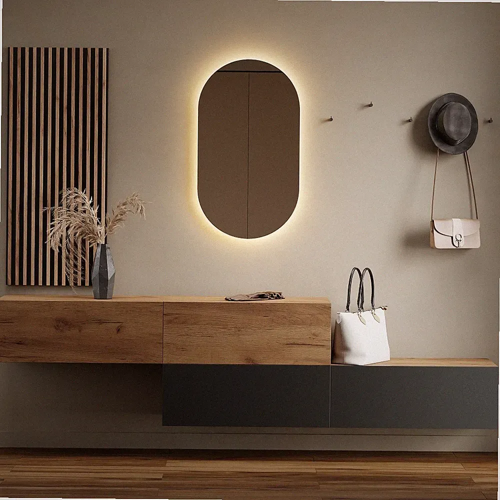 Planetmöbel Garderobenset aus Flurschrank 2x 160 cm, ovaler LED Spiegel & Paneel