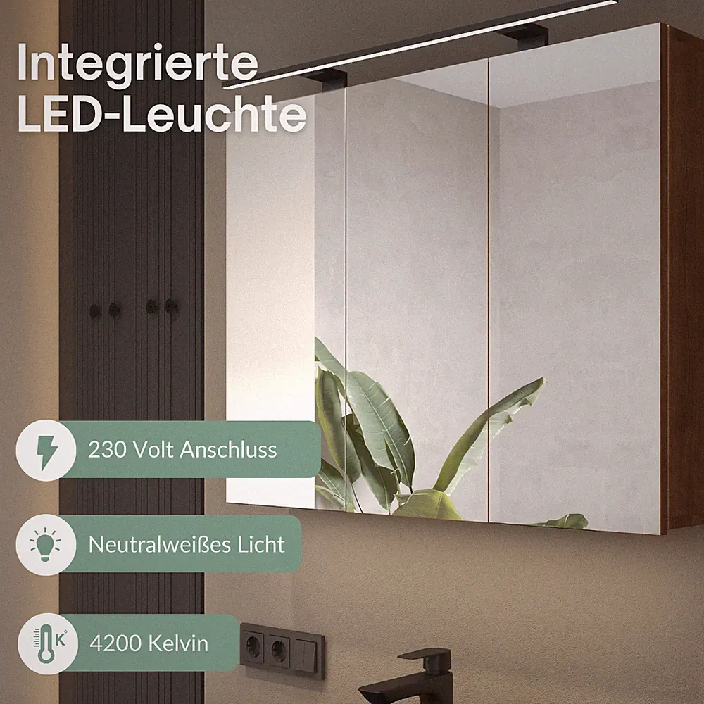 Planetmöbel Spiegelschrank Bad ARIA 100 cm Beleuchtung Steckdose LED Badschrank