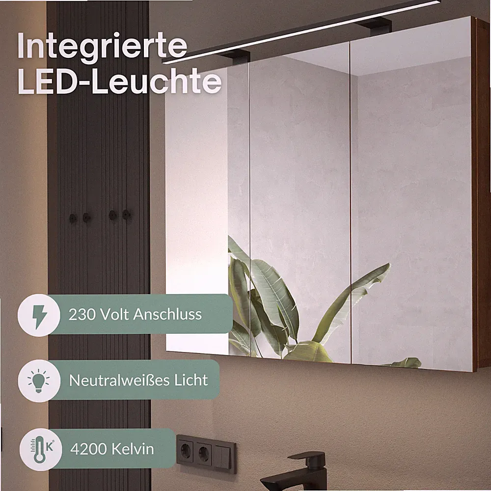 Planetmöbel Spiegelschrank Bad ARIA 120 cm Beleuchtung Steckdose LED Badschrank