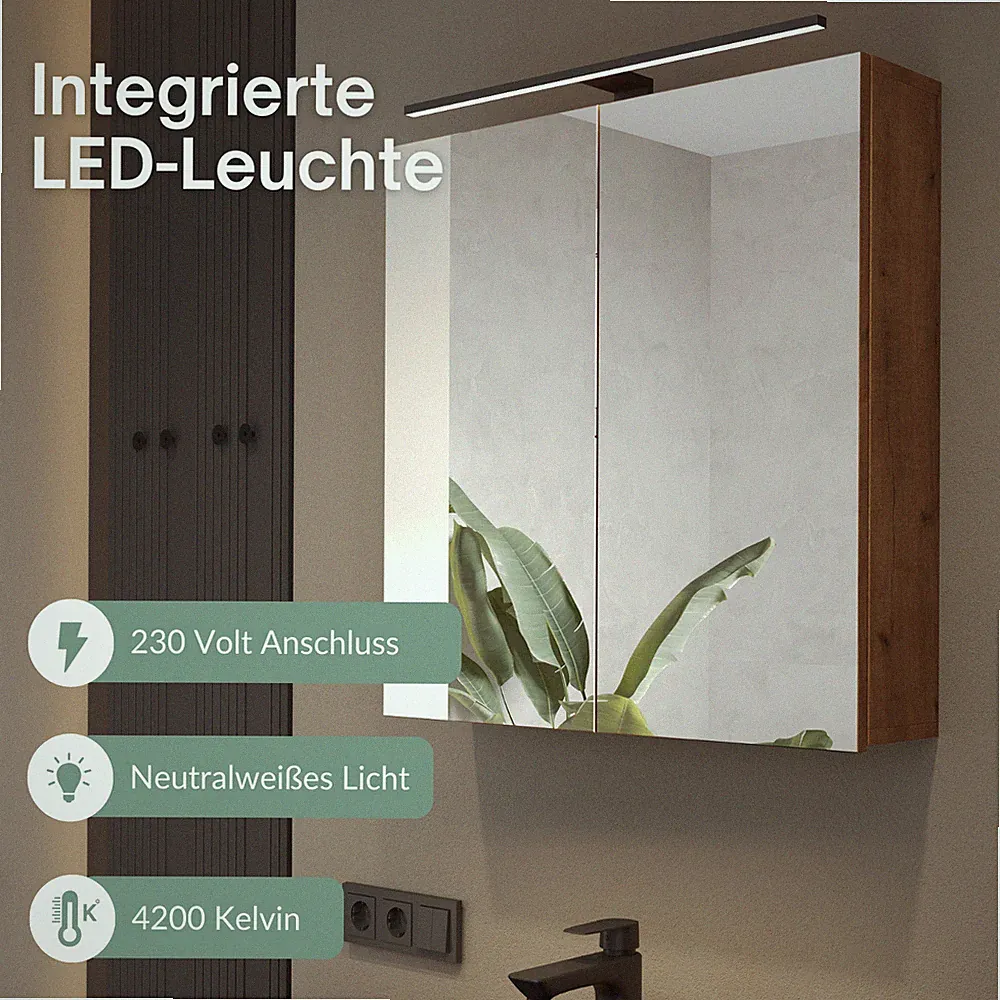 Planetmöbel Spiegelschrank Bad ARIA 70 cm Beleuchtung Steckdose LED Badschrank