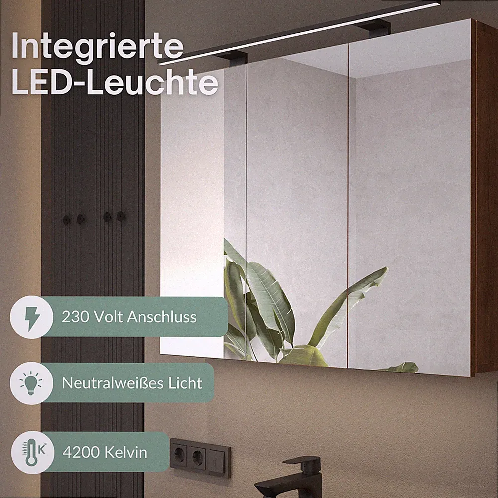 Planetmöbel Spiegelschrank Bad ARIA 90 cm Beleuchtung Steckdose LED Badezimmer