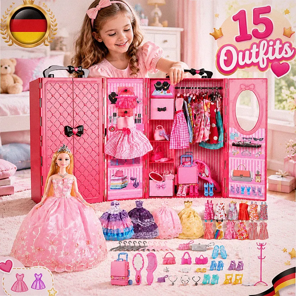 Puppenkleidung Puppenmode Set 48 Teile Kleiderschrank Mit Spiegel Weicher Stoff