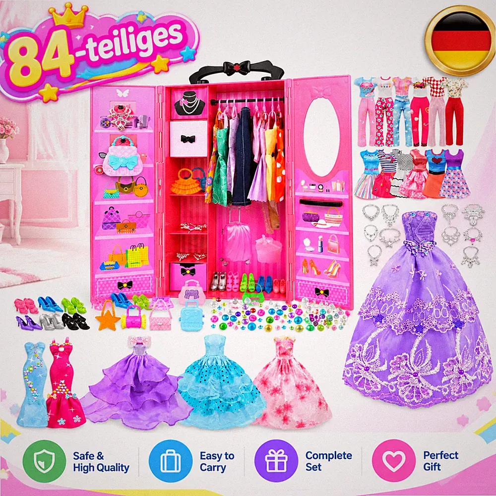 Puppenmode Set 84 Teile Puppenkleidung Tragbarer Aufbewahrungsschrank Spiegel