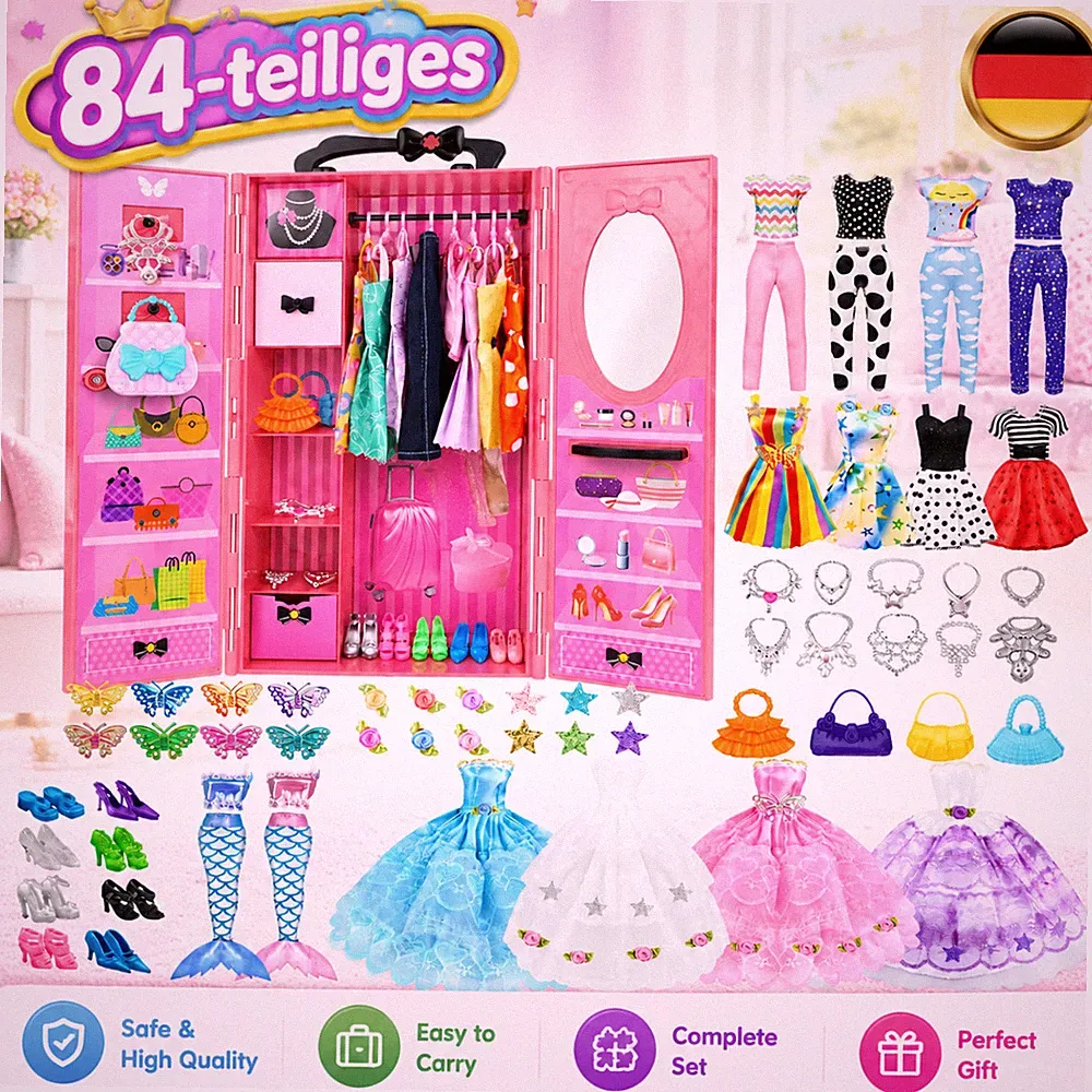 Puppenmode Set Puppenkleid 84 Teile Tragbarer Aufbewahrungsschrank Spiegel HOT
