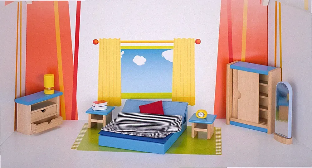 Puppenmöbel Schlafzimmer | Schrank H= 12 cm, Buchenholz, 16 Teile, per Set