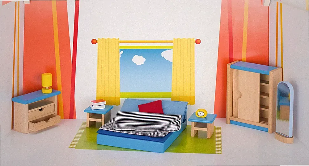 Puppenmöbel Schlafzimmer Schrank H= 12 cm, Buchenholz, 16 Teile, per Set 51906