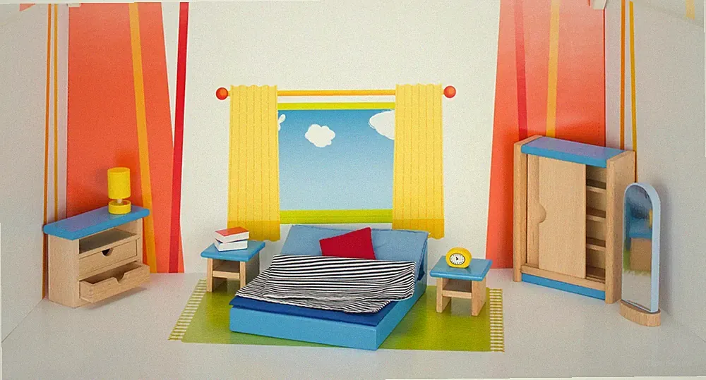 Puppenmöbel Schlafzimmer Schrank H= 12 cm, Buchenholz, 16 Teile, per Set 51906