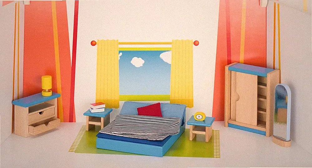 Puppenmöbel Schlafzimmer | Schrank H= 12 cm, Buchenholz, 16 Teile, per Set