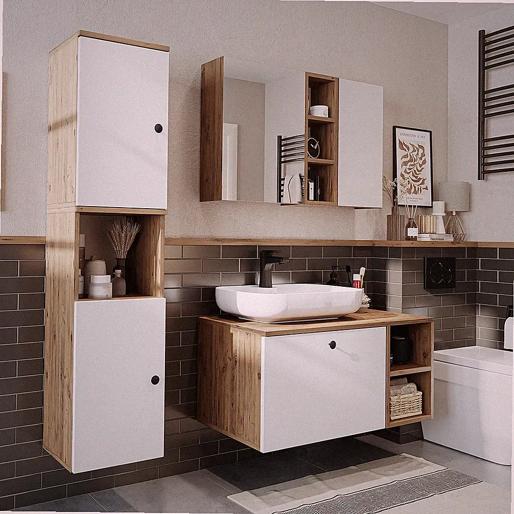 Roomart Badezimmermöbel Set LOTUS 95 cm 4 Teilig mit Keramik Waschbecken