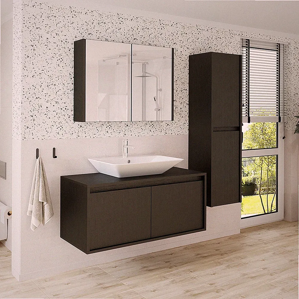 Roomart Badmöbel ATLANTIC 4-teilig 100cm Waschbecken Spiegelschrank Hochschrank