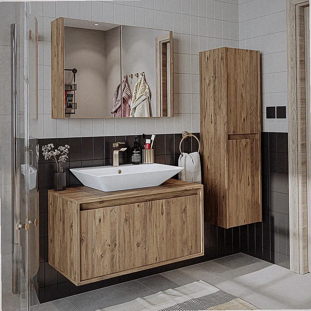 Roomart Badmöbel ATLANTIC 4-teilig 85cm Waschbecken Spiegelschrank Hochschrank