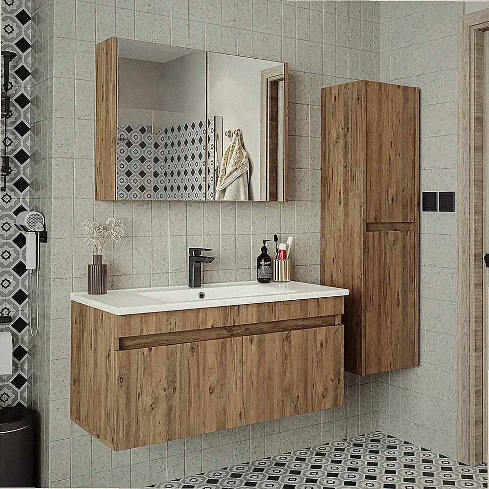 Roomart Badmöbel Set ATRIA 4-teilig 100 cm mit Keramikwaschbecken & Hochschrank