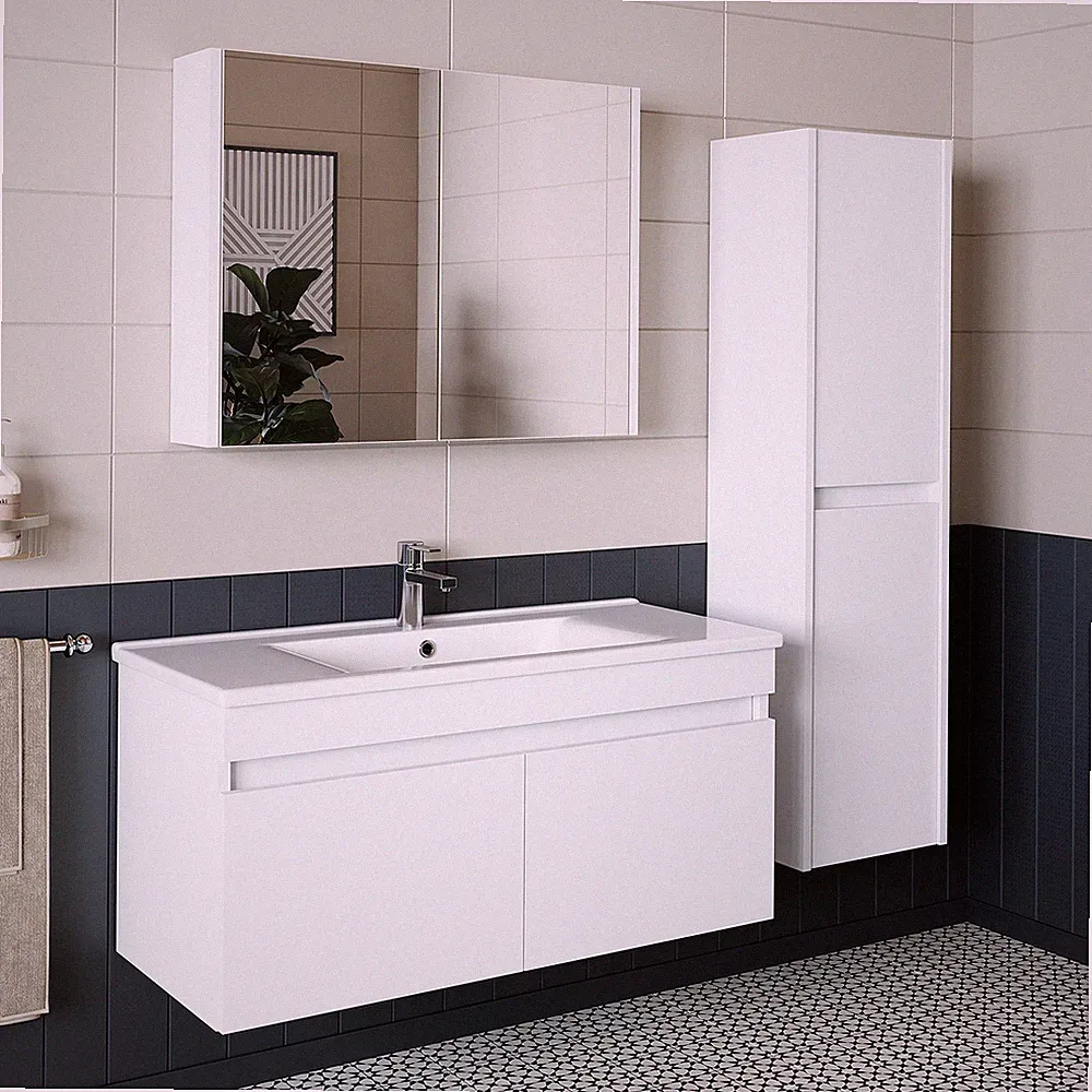 Roomart Badmöbel Set ATRIA 4-teilig 100 cm mit Keramikwaschbecken & Hochschrank