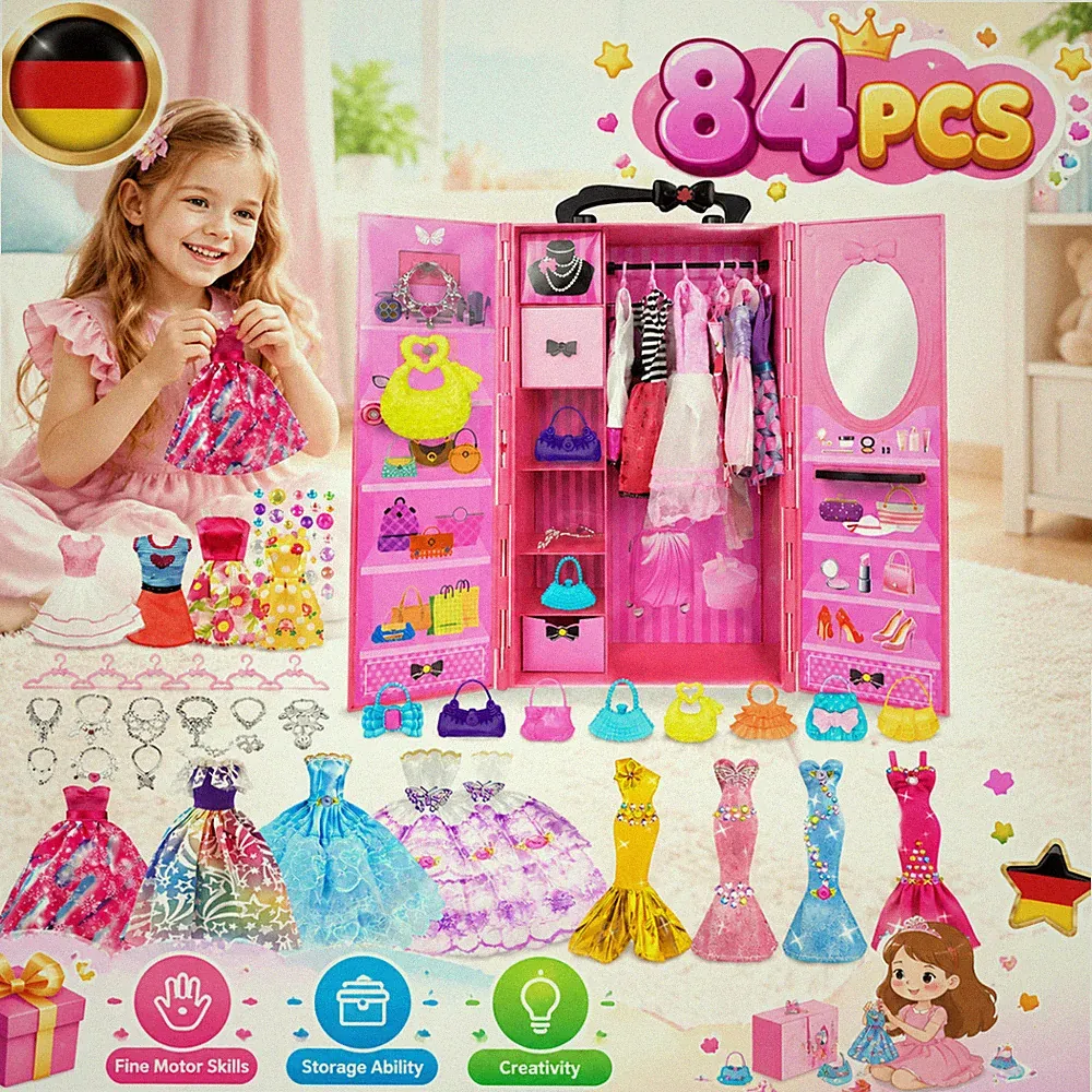 Rosa Puppenkleider-Schrankset 84‑teiliges Mit Spiegel Tragbarer Kleiderschrank