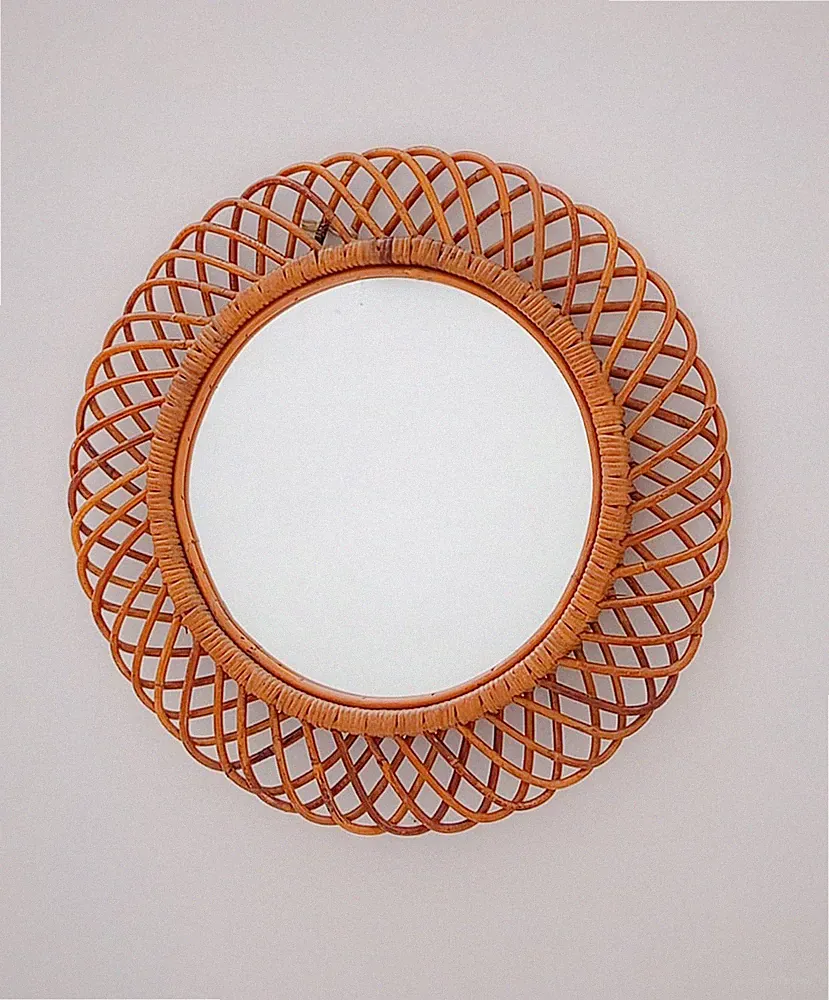 ♥ Runder Bambus Wandspiegel 60 cm Vintage Design Albini Ära Midcentury