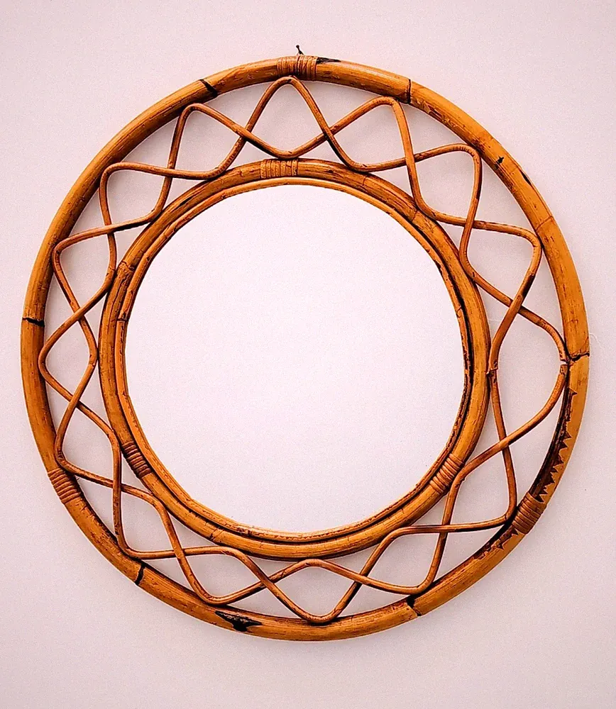 ♥ Runder Bambus Wandspiegel 62 cm Vintage Design Albini Ära Midcentury