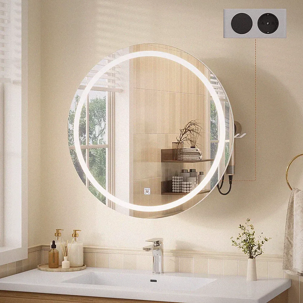 Runder Spiegelschrank Bad LED Beleuchtung Steckdose Fönhalter Wandmontage 80cm