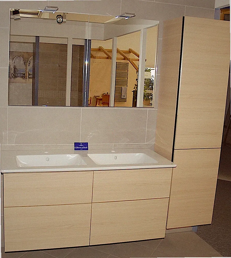 Sanipa 3way Badmöbel 130cm weiß, Doppel-Waschtisch, Spiegelschrank, Hochschrank