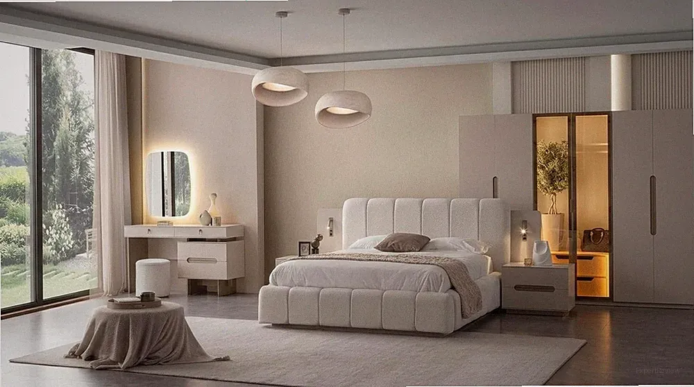 Schlafzimmer Set Bett Schrank 2x Nachttische Kommode Spiegel Hocker Fein